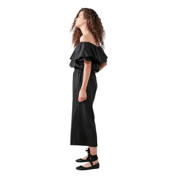 Faithfull The Brand Wide Leg Jumpsuit Sz US 4 Black Linen Ankle On Off Shoulder - Picture 14 of 15
